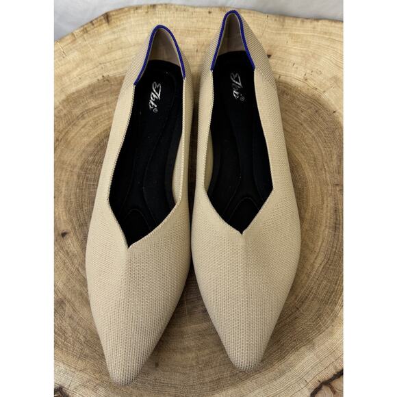 Beige with Blue Knit Pointed Ballerina Flats - Size 11.5 - Picture 2 of 11